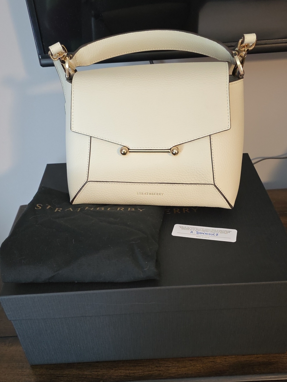 Strathberry Mosaic Vanilla Leather Top-Handle Satchel with Gold Hardware